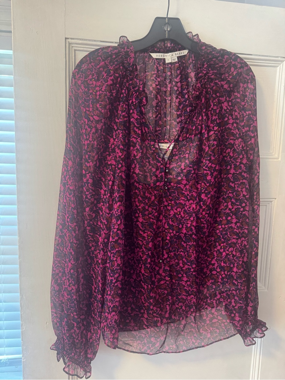 Veronica Beard Black and Pink Floral Ruffled Sheer Blouse